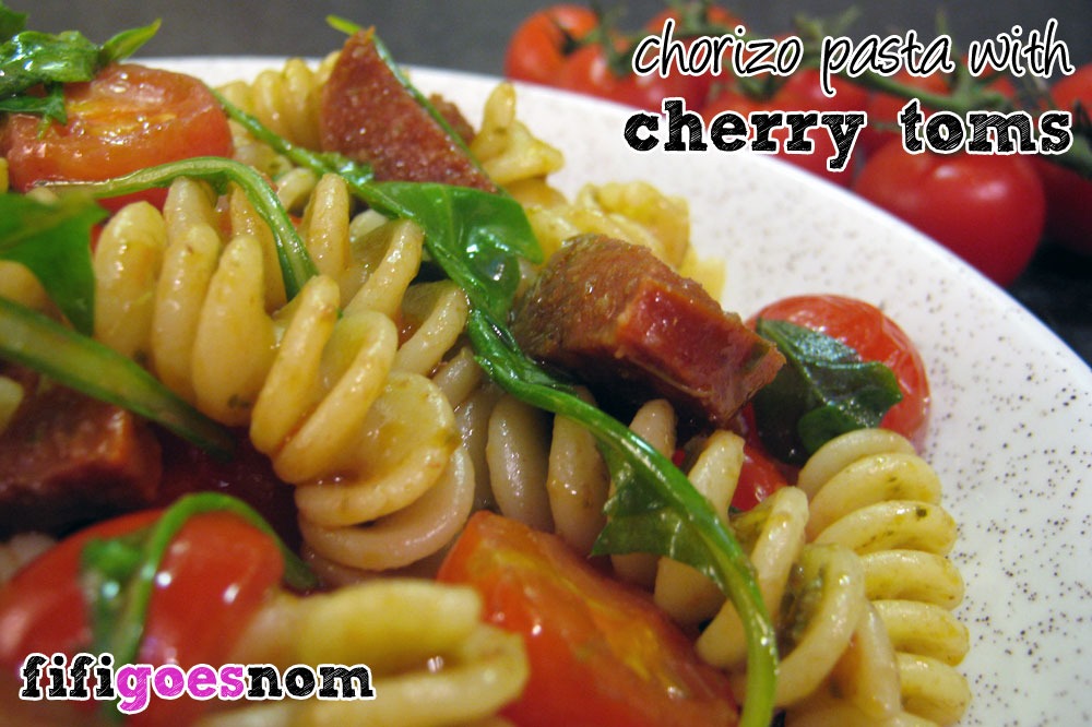 Chorizo pasta, with lashings of cherry tomatoes and rocket