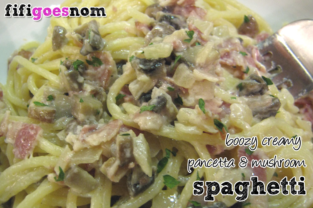 Spaghetti in a Boozy Creamy Pancetta & Mushroom Sauce