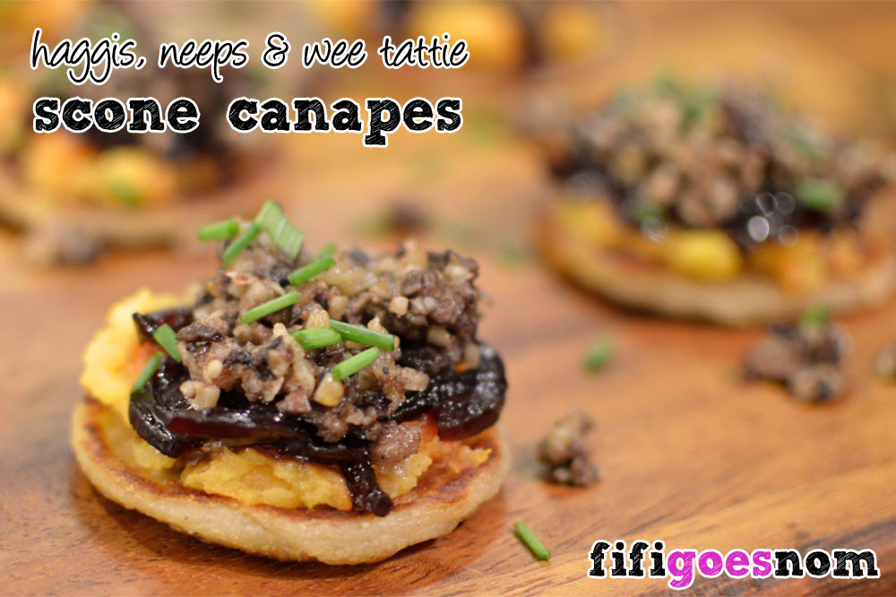Haggis, Neeps & Wee Tattie Scone Canapes with Red Onion Marmalade